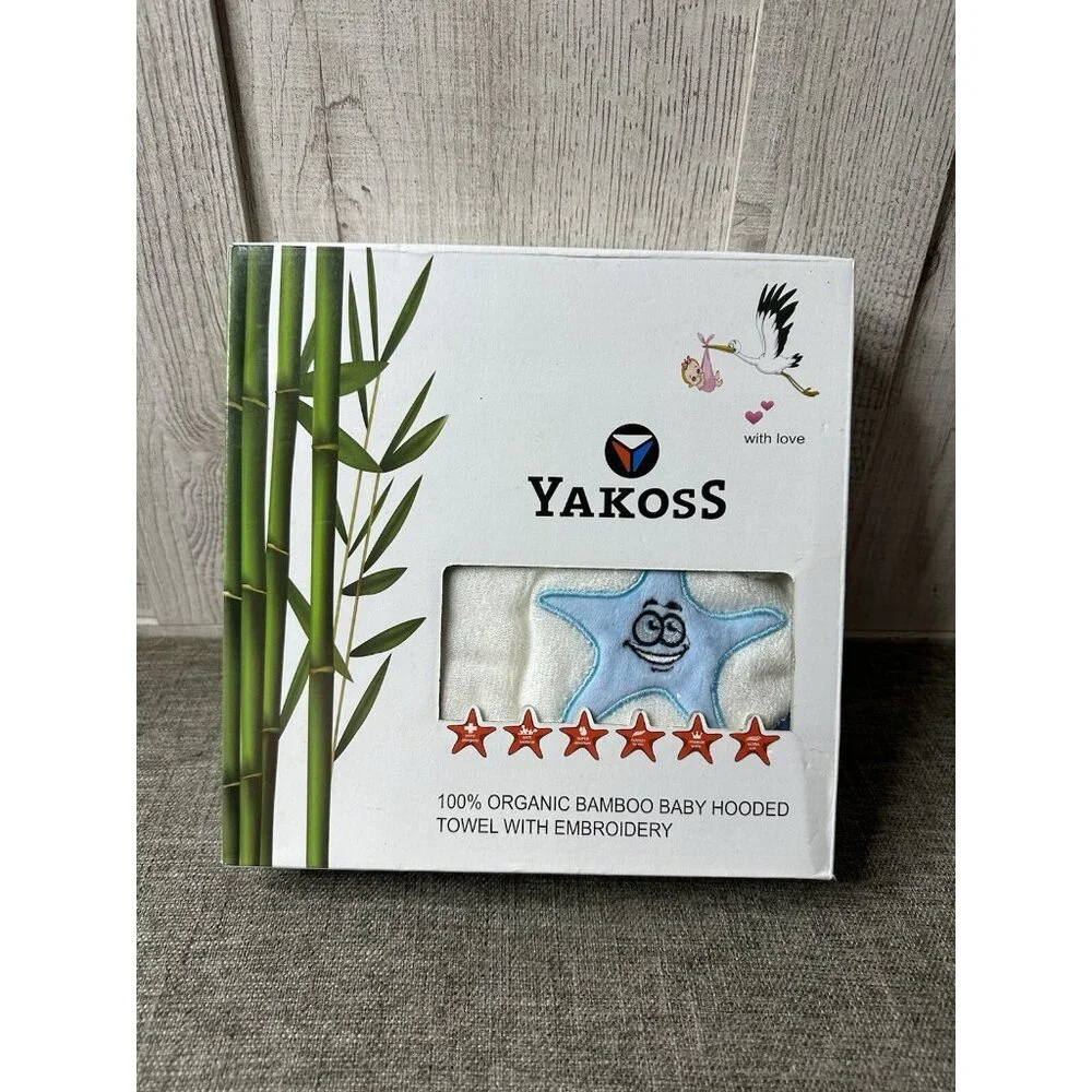 Yakoss Organic Bamboo White Baby Hooded Bath Swim Towel w/ Embroidered Blue Star